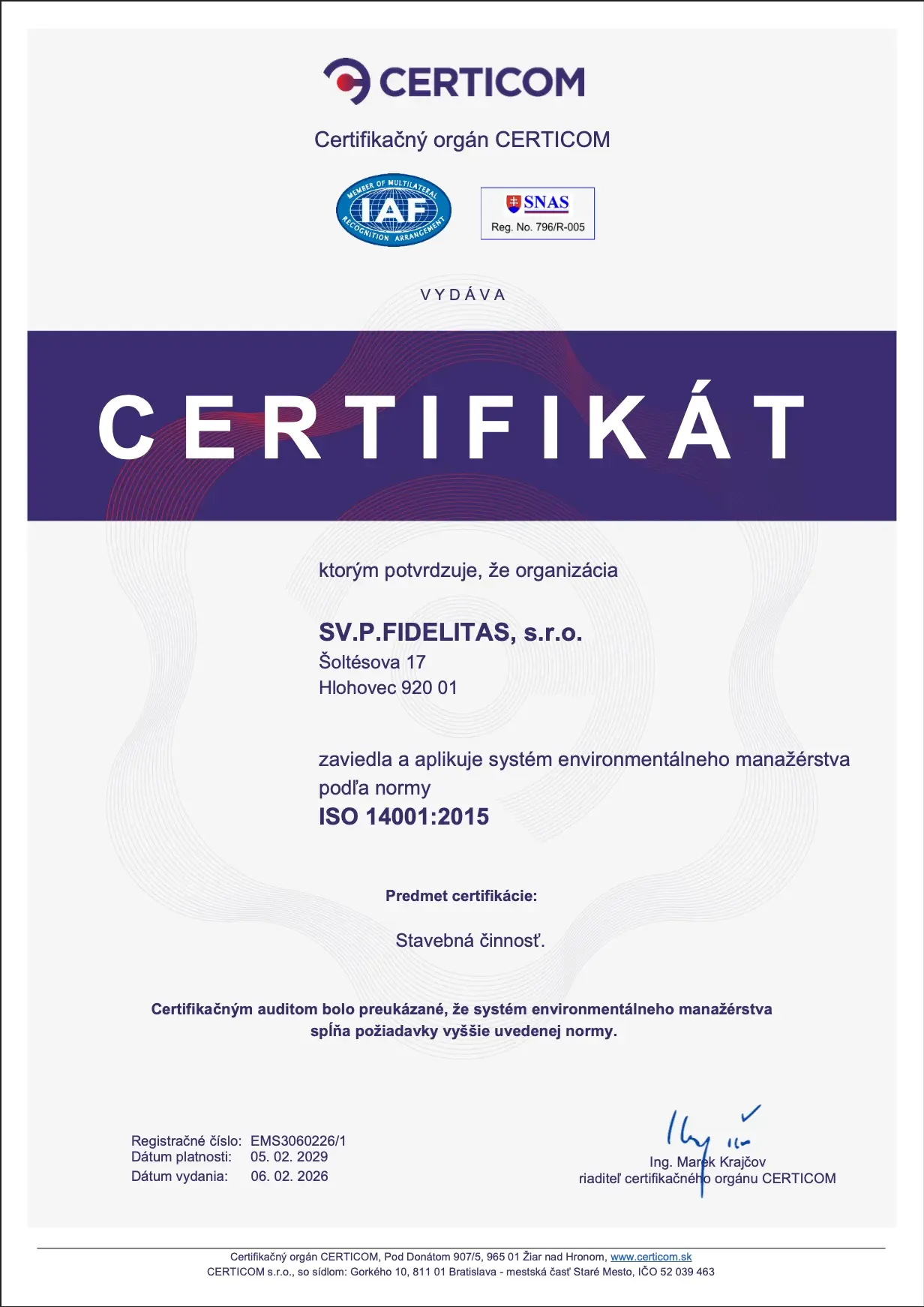 ISO 14001:2015 Certifikát