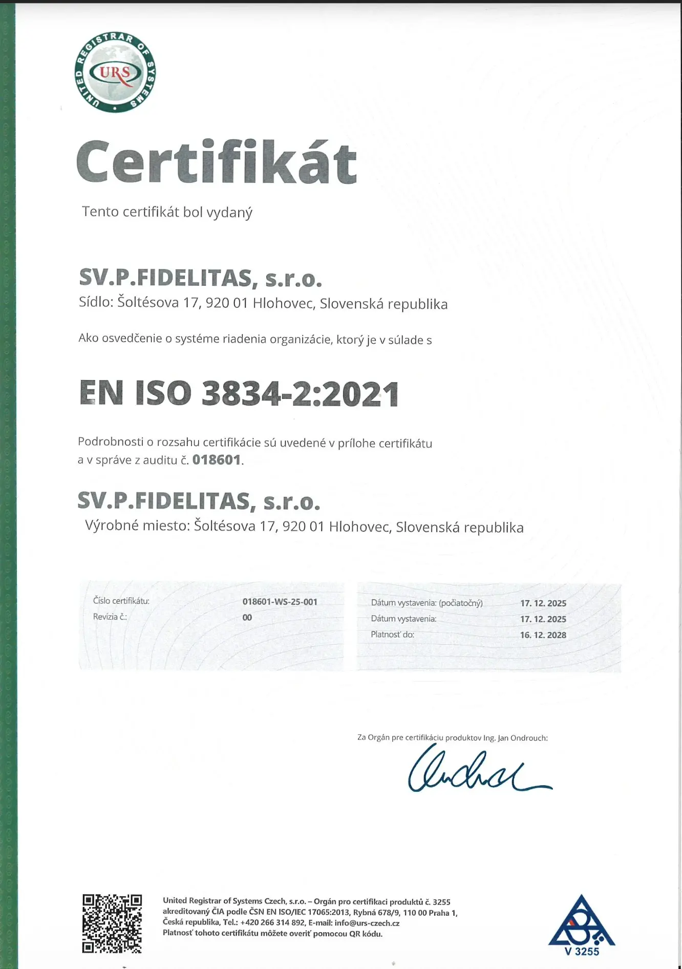 EN ISO 3834-2:2021 Certifikát