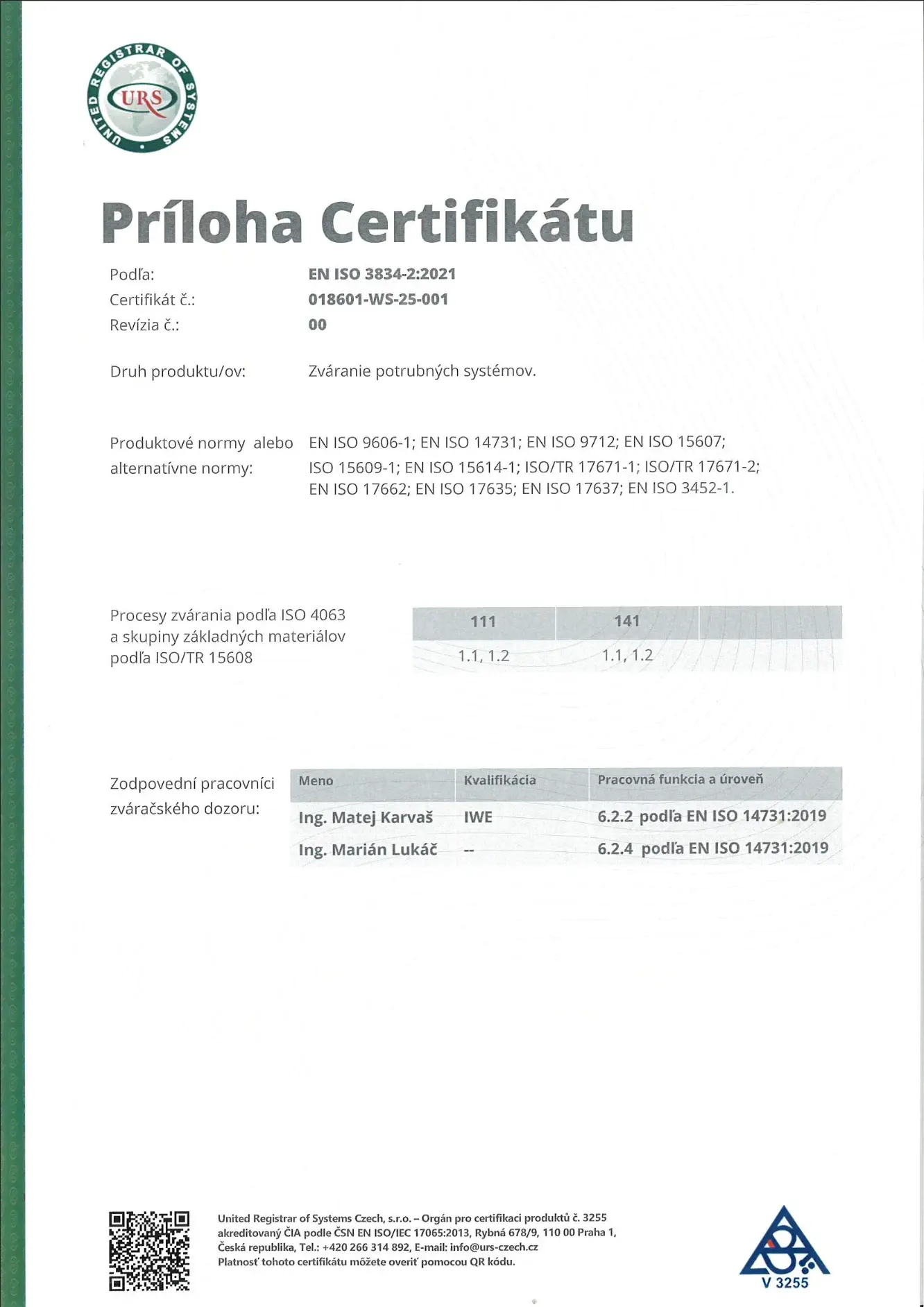EN ISO 3834-2:2021 Príloha certifikátu