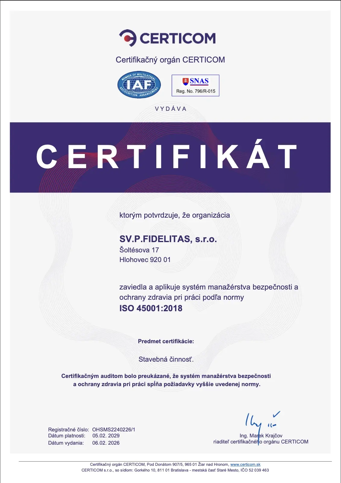 ISO 45001:2018 Certifikát