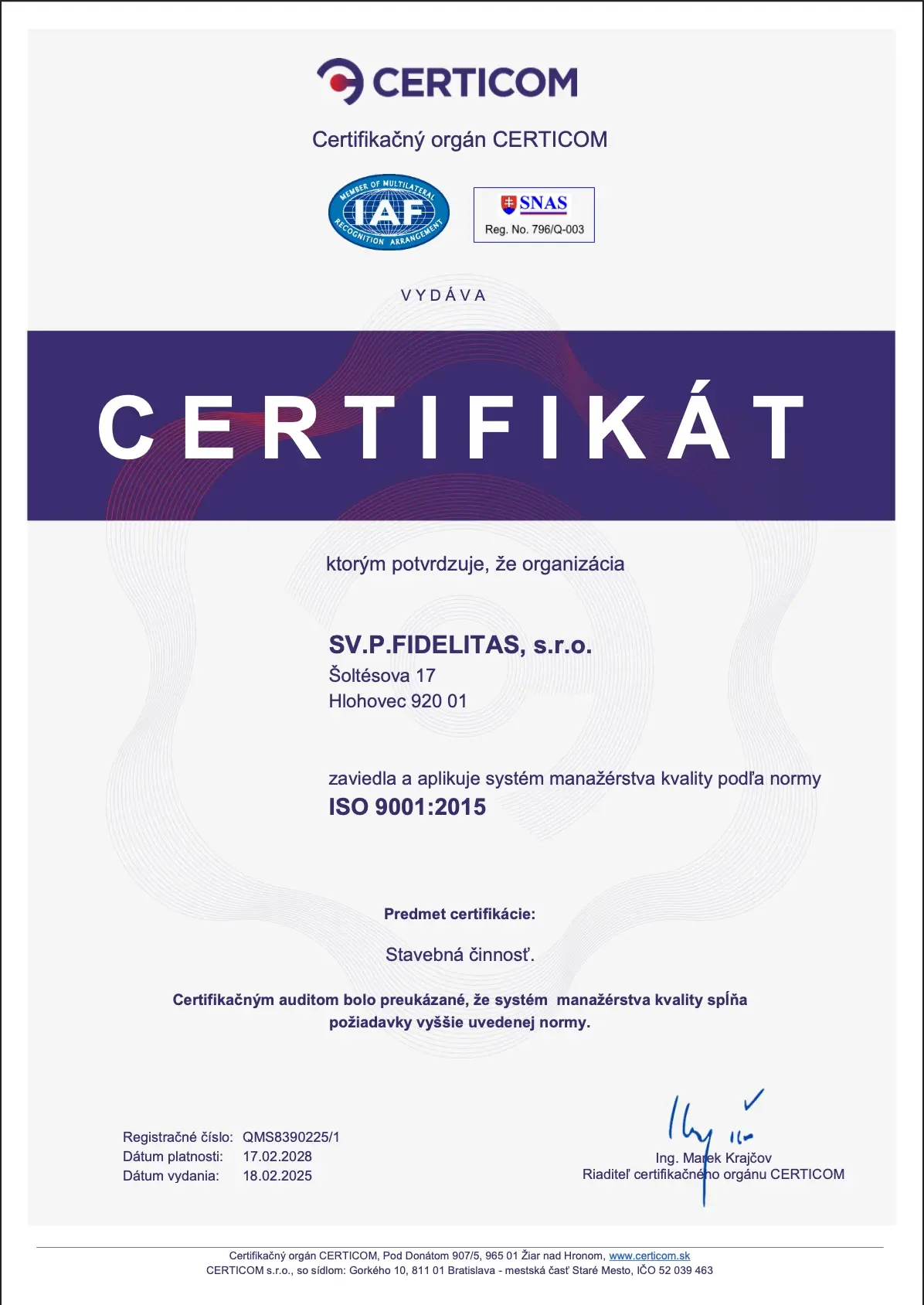 ISO 9001:2015 Certifikát